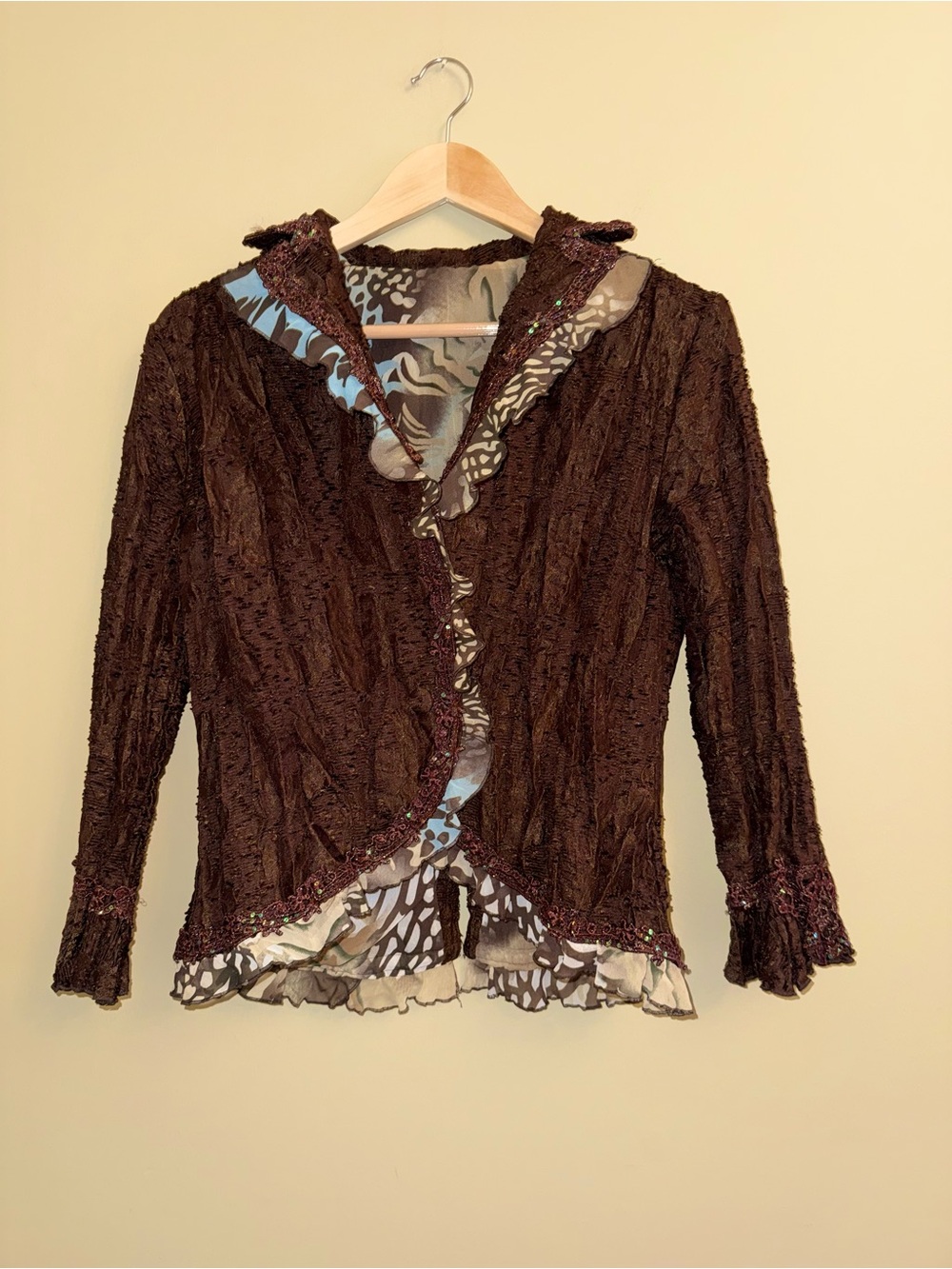 Vintage Y2K Alberto Makali Crinkle Unique Jacket M Ruffle Beaded Boho Brown Chic